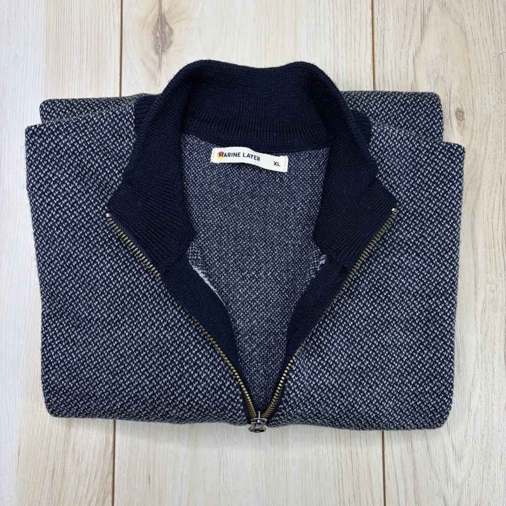 Marine Layer Mens XL Navy Blue 100% Merino Wool 1/4 Zip Mock Knit Sweater